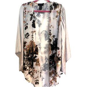 Steve Madden Sheer Gray Floral Kimono OSFM Satin Sleeves Velvet Texture Open